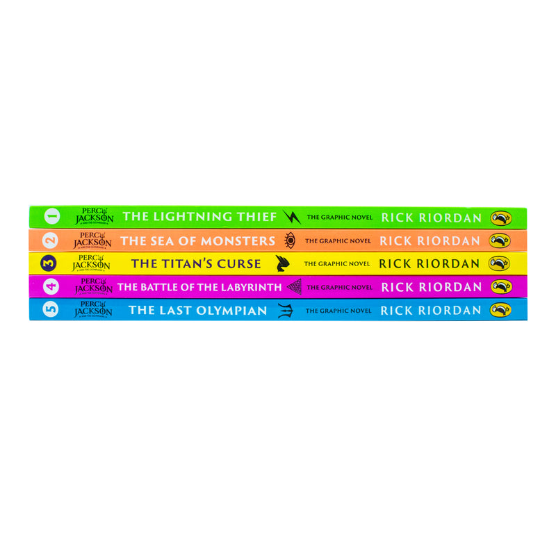 Set of five Percy Jackson graphic novels by Rick Riordan from Puffin, featuring colorful book covers in the collection.