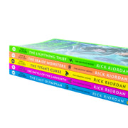 Set of five Percy Jackson graphic novels by Rick Riordan, published by Puffin, featuring colorful cover illustrations of Greek myth characters.