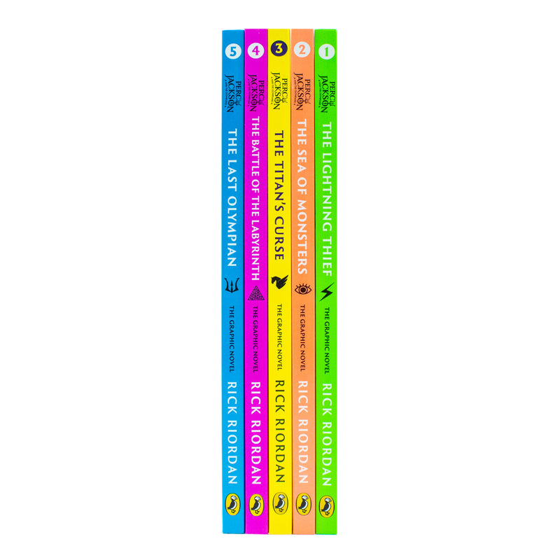 Set of five Percy Jackson graphic novels by Rick Riordan, Puffin edition, featuring colorful cover art and illustrations.