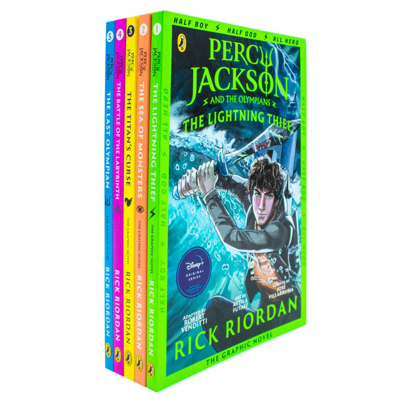 Set of five Percy Jackson graphic novels by Rick Riordan from Puffin, featuring colorful cover art of the Greek mythology series.