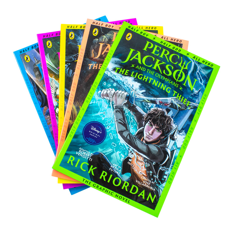 Set of five Percy Jackson graphic novels by Rick Riordan from Puffin, featuring colorful illustrated covers in a collection.