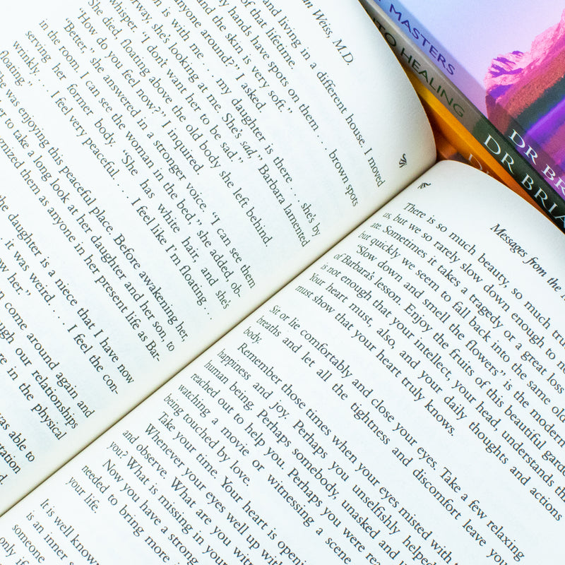Collection of five paperback books by Dr. Brian Weiss, featuring titles on spiritual messages and healing, with colorful cover art.