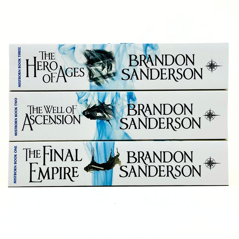 Mistborn trilogy book set by Brandon Sanderson, paperback editions published by Gollancz, featuring cover art of the fantasy novels.