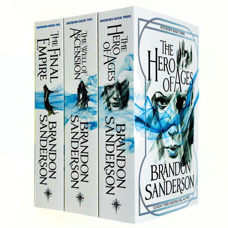 Mistborn trilogy paperback set by Brandon Sanderson, featuring three fantasy fiction books in a Gollancz collection.