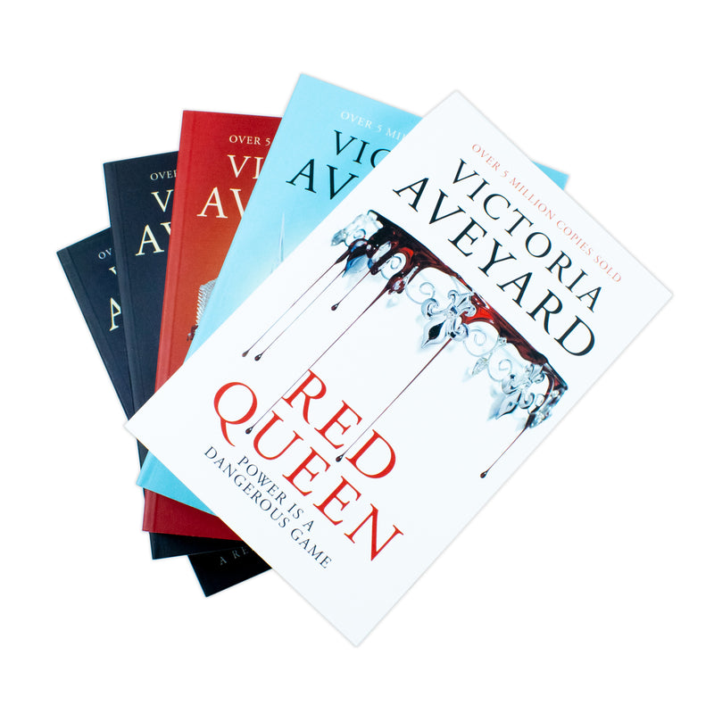 Box set of five "Red Queen" series books by Victoria Aveyard, featuring colorful covers with red and silver designs.