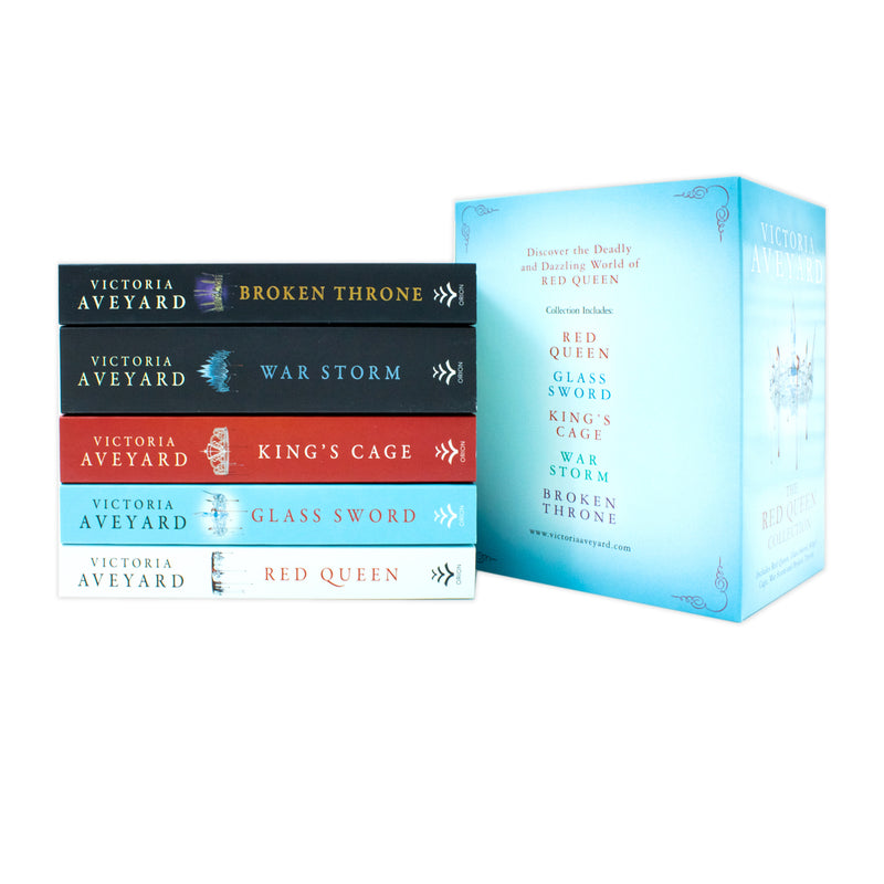 Red Queen Collection Series 1-5 box set by Victoria Aveyard, featuring fantasy novels with red and silver-themed covers.