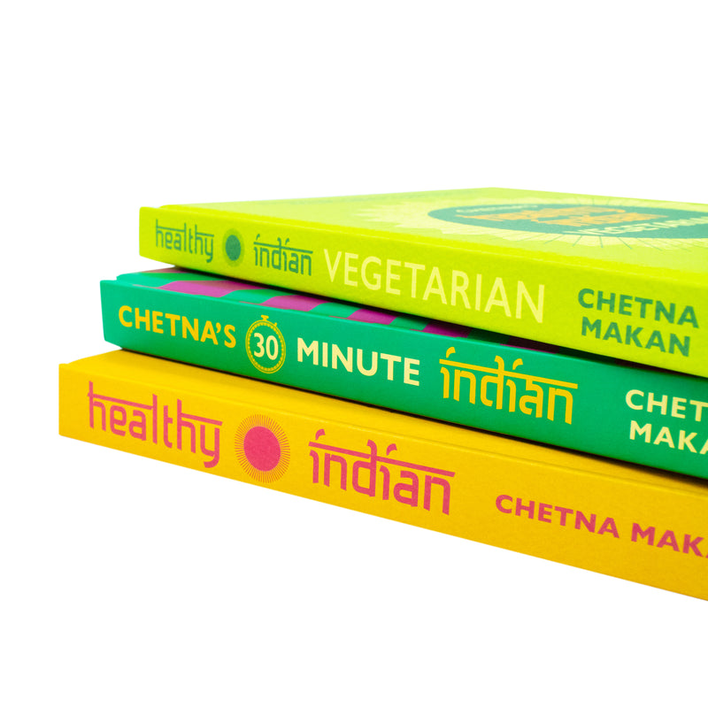 Chetna Makan 3-book Indian cookbook set, featuring healthy Indian recipes and family meal ideas, published by Custom Mitchell Beazley.