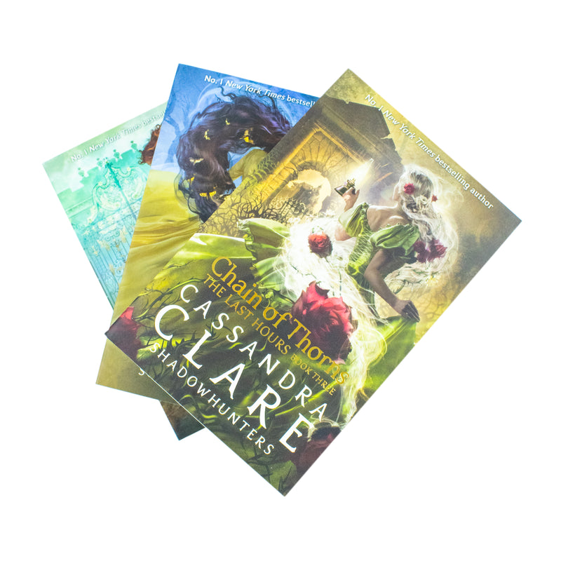 Three paperback books from Cassandra Clare's The Last Hours series collection, featuring cover art with dark and atmospheric designs.