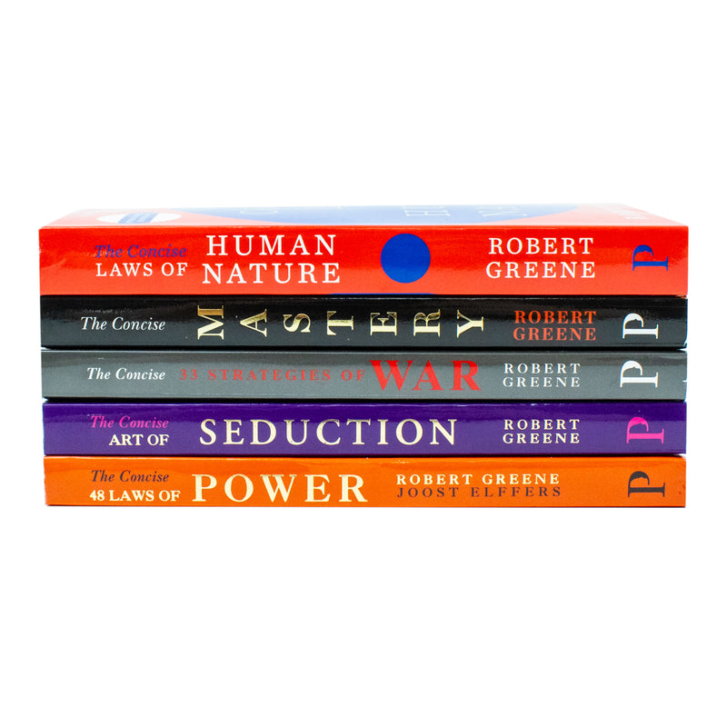 Set of five books from the Modern Machiavellian Series by Robert Greene, featuring black covers and the book titles visible.