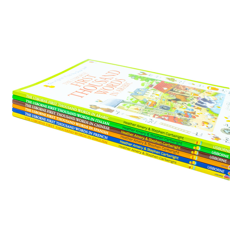 Usborne First Thousand Words 6 Books Collection Set By Heather Amery (First Thousand Words in English, Arabic, Chinese, Italian, French, Spanish) - The Book Bundle