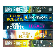 Five Nora Roberts books from the Piatkus Ltd collection including The Villa, Nightwork, Legacy, Angels Fall, and Come Sundown.