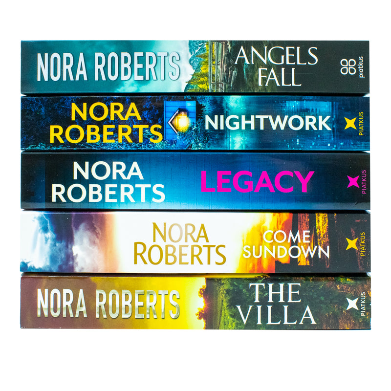 Five Nora Roberts books from the Piatkus Ltd collection including The Villa, Nightwork, Legacy, Angels Fall, and Come Sundown.