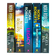 Collection of five Nora Roberts books including The Villa, Nightwork, Legacy, Angels Fall, and Come Sundown, in a Piatkus Ltd edition.