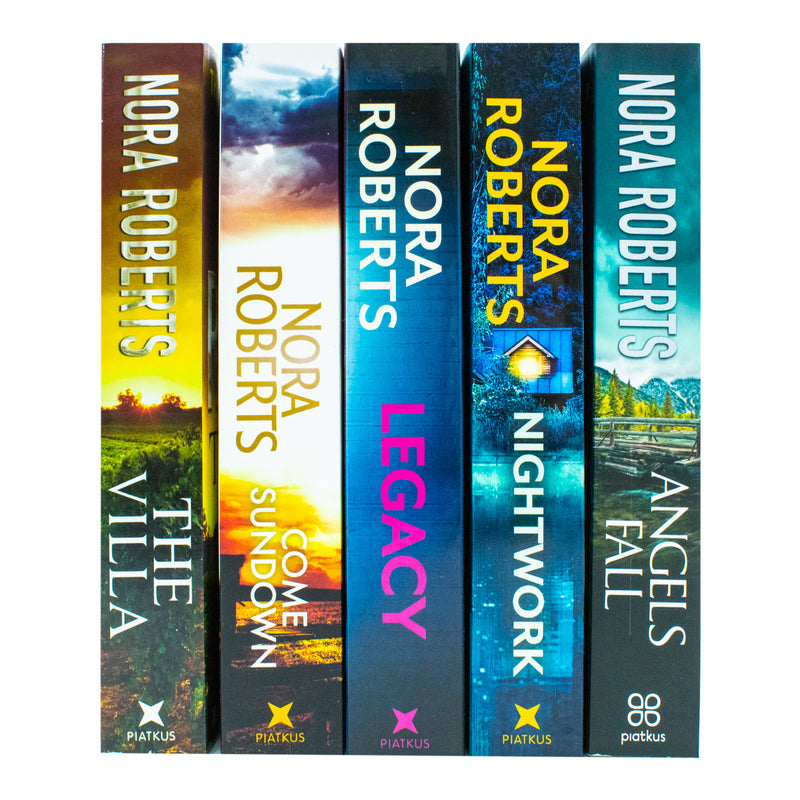 Collection of five Nora Roberts books including The Villa, Nightwork, Legacy, Angels Fall, and Come Sundown, in a Piatkus Ltd edition.