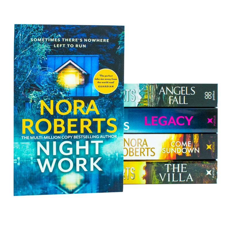Set of five Nora Roberts books including The Villa, Nightwork, Legacy, Angels Fall, and Come Sundown, published by Piatkus Ltd.