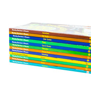 Set of 12 Om Books International encyclopedia books on inventions, planets, plants, oceans, and the world, with colorful covers.