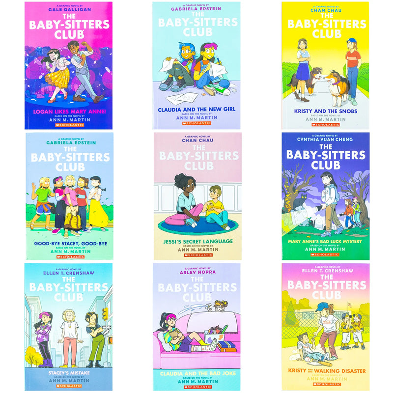Set of nine Baby Sitters Club Graphix books from the 8-16 collection by Ann M. Martin, featuring colorful cover art.