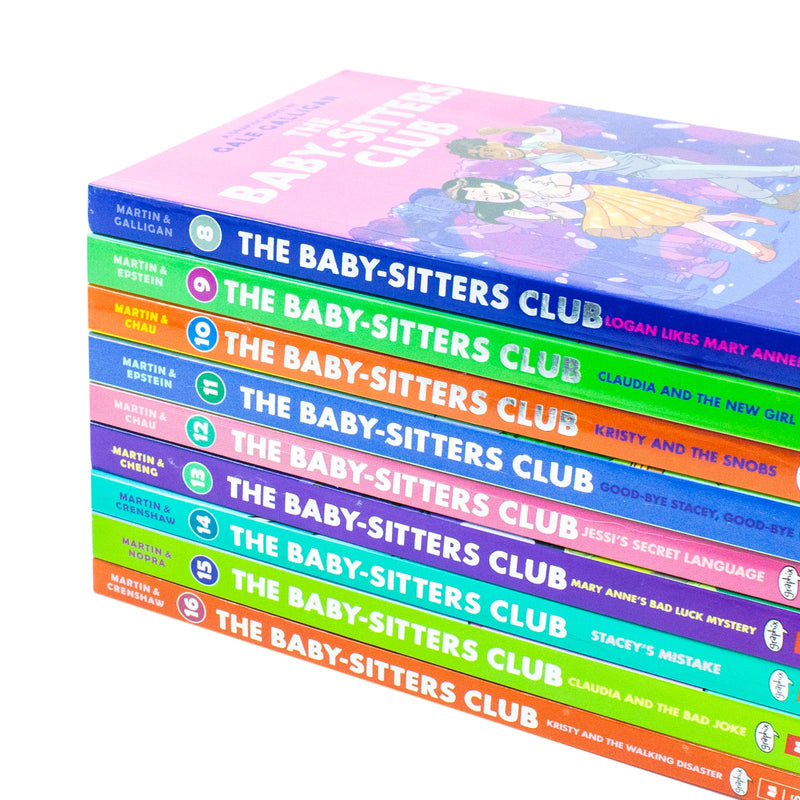 Set of nine Baby Sitters Club graphic novels from Ann M. Martin's collection, featuring colorful book covers and illustrations.