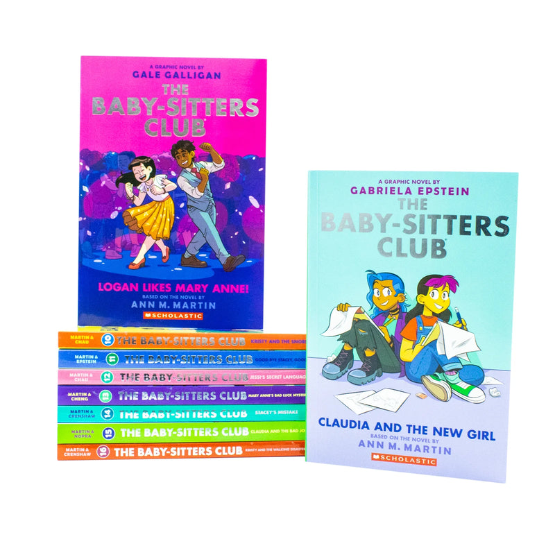 Set of nine Baby Sitters Club graphic novels from Ann M. Martin's collection, featuring colorful book covers for children.