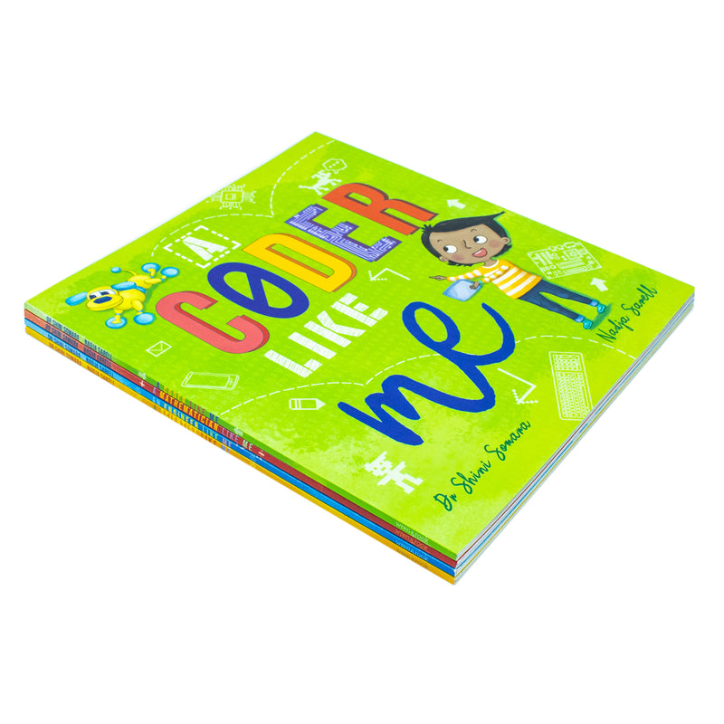 Set of four educational books by Dr. Shini Somara and Nadja Sarell, including engineering, science, mathematics, and coding topics.
