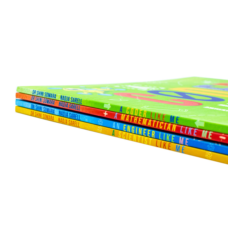 Collection of four educational books by Dr Shini Somara and Nadja Sarell, covering engineering, science, mathematics, and coding.