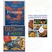 Set of three books including The Healthiest Longevity Diet and Persiana by Sabrina Ghayour, featuring non-fiction culinary and health content.