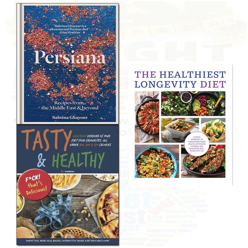 Set of three books including The Healthiest Longevity Diet and Persiana by Sabrina Ghayour, featuring non-fiction culinary and health content.