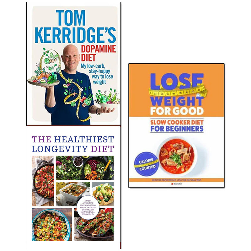 Set of three books on longevity diet and slow cooker soup recipes by Tom Kerridge and Iota Publishing, featuring colorful covers.