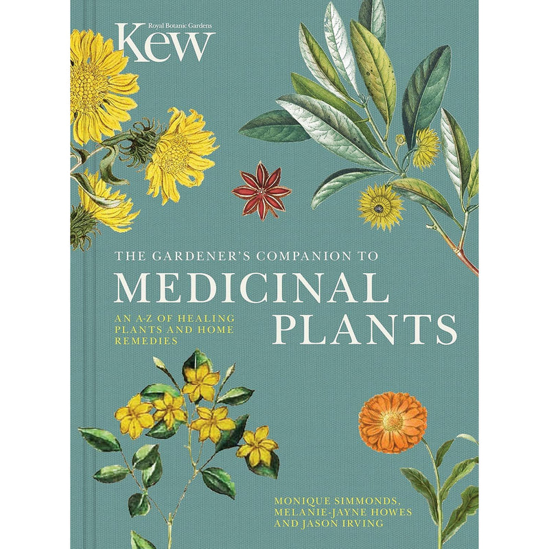 Open hardcover of The Gardener's Companion to Medicinal Plants by Royal Botanic Gardens Kew, showcasing colorful plant illustrations.
