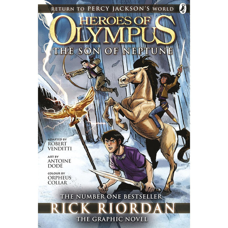 Three-book collection of "The Heroes of Olympus" graphic novels by Rick Riordan, Puffin edition, featuring colorful cover illustrations.