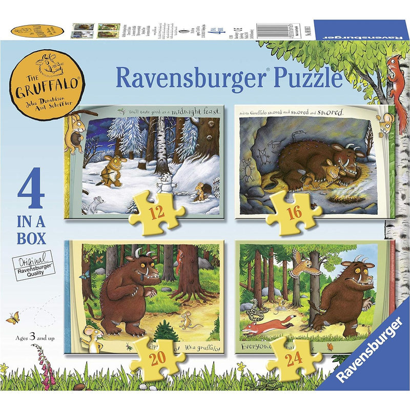 Julia Donaldson The Gruffalo 4-in-1 jigsaw puzzle pack featuring colorful images of the Gruffalo and forest scenes for children.