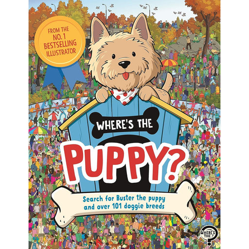 Children's paperback book titled "Where's the Puppy? Search for Buster" by Paul Moran, featuring dog breeds and playful illustrations.
