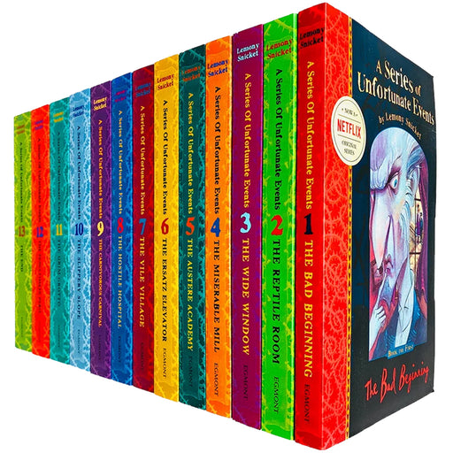 Set of 13 Lemony Snicket A Series of Unfortunate Events paperback books by Egmont, featuring colorful cover art.