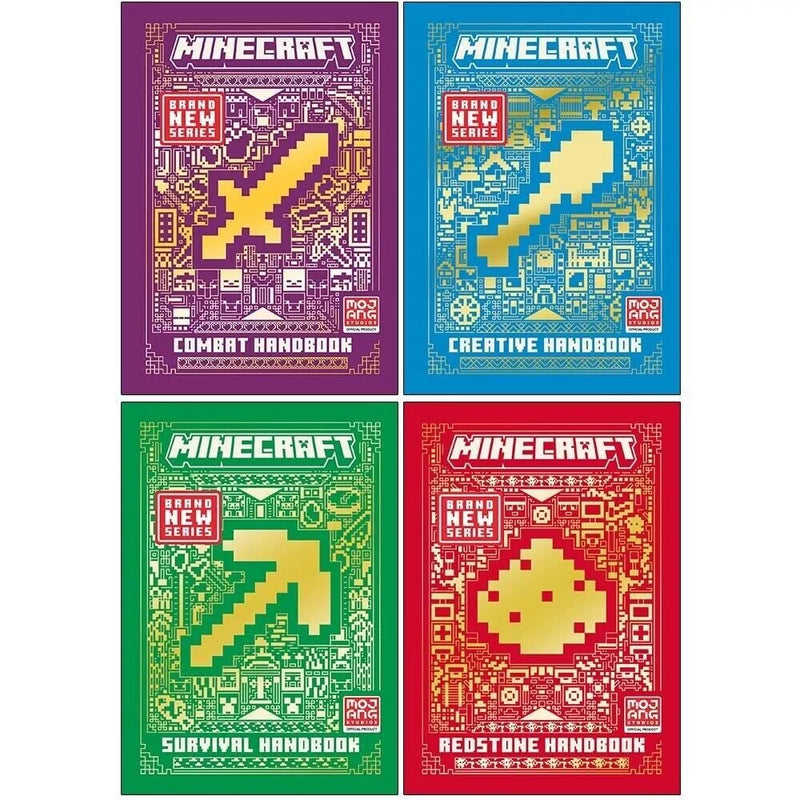 Set of four official Minecraft Combat Handbook books by Mojang AB, hardcover with colorful Minecraft-themed covers.