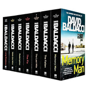 Seven paperback Amos Decker thriller series books by David Baldacci, featuring crime and mystery stories in a pan image.