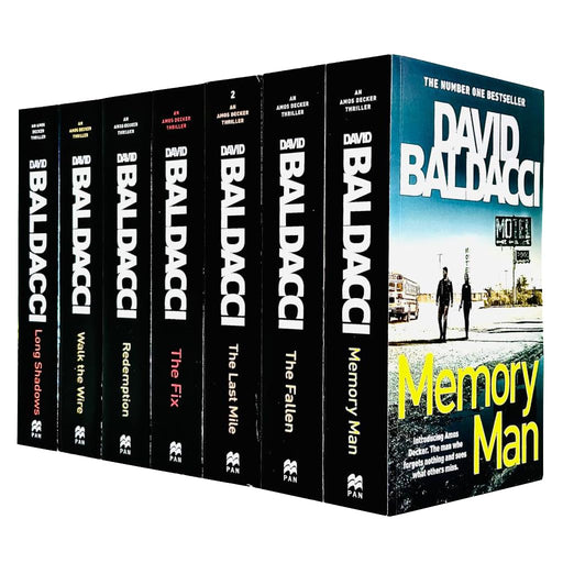 Seven paperback Amos Decker thriller series books by David Baldacci, featuring crime and mystery stories in a pan image.
