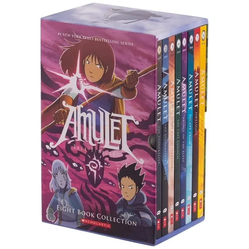Amulet 8 Books collection box set by Kazu Kibuishi, paperback edition, featuring colorful covers from the fantasy graphic novel series.