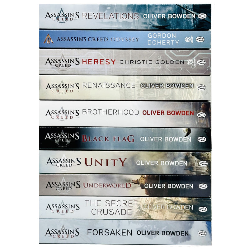 Assassin’s Creed 10-book collection set by Oliver Bowden, fiction paperback series with cover images featuring game artwork.