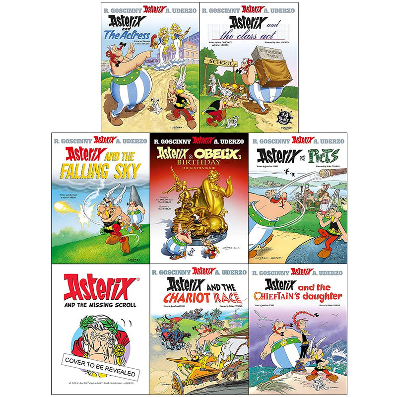 Asterix 8 books collection set by Rene Goscinny and Albert Uderzo, paperback fiction featuring colorful comic covers.