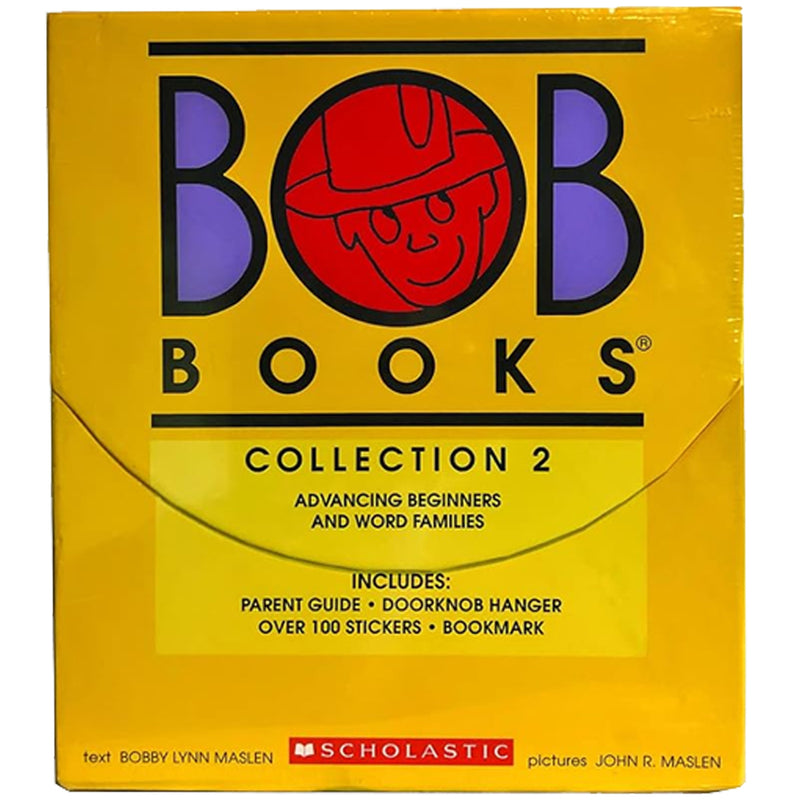 Set of 16 Bob Books for beginners and word families by Bobby Lynn Maslan, including a parent guide, with colorful book covers.