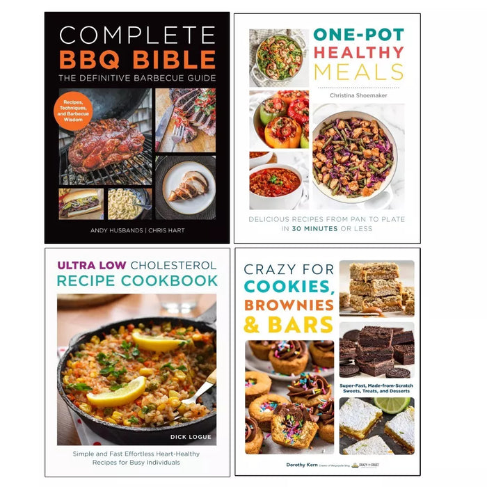Crazy For Cookies, Complete BBQ BIBLE, One Pot Healthy Meals, Ultra Low Cholesterol Recipe, Brownies & Bars 4 Books Set - The Book Bundle