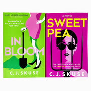 Two books from C.J. Skuse's collection, "In Bloom" and "Sweetpea," featuring colorful cover art and bold typography.