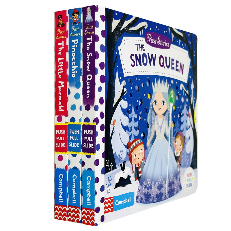 Set of three Campbell First Stories books by Dan Taylor featuring The Snow Queen, Pinocchio, and The Little Mermaid with colorful covers.