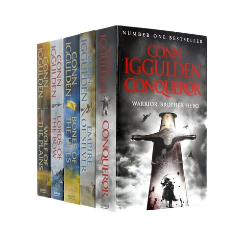 Set of five paperback Conqueror books by Conn Iggulden, fiction series in a neatly stacked collection with colorful covers.
