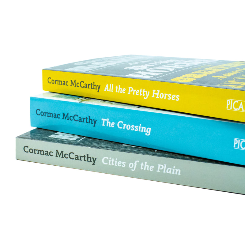 Set of three paperback Border Trilogy books by Cormac McCarthy, featuring classic fiction in a Picador edition.