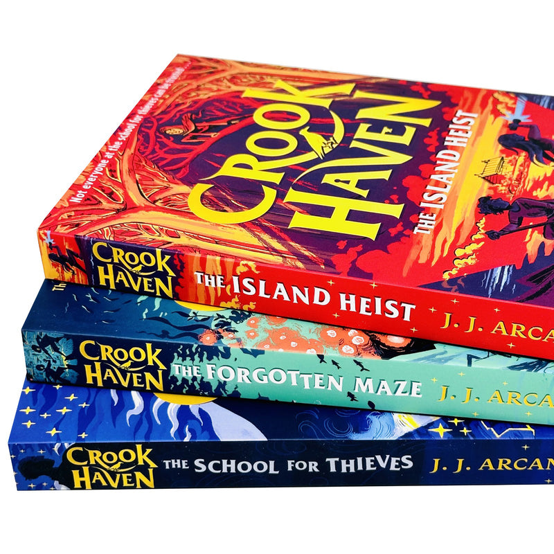 Crookhaven Series 3 books collection set by J.J. Arcanjo, including The Island Heist, The School for Thieves, and The Forgotten Maze.