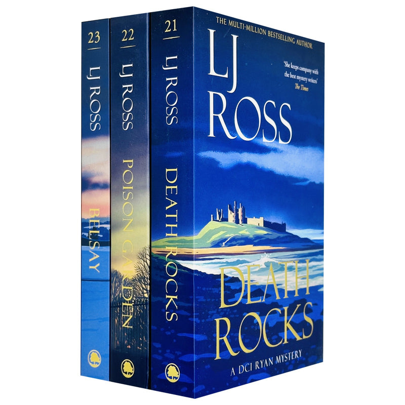 Set of three LJ Ross DCI Ryan Mysteries books from the Dark Skies Publishing collection, including Death Rocks, Poison Garden, and Belsay.