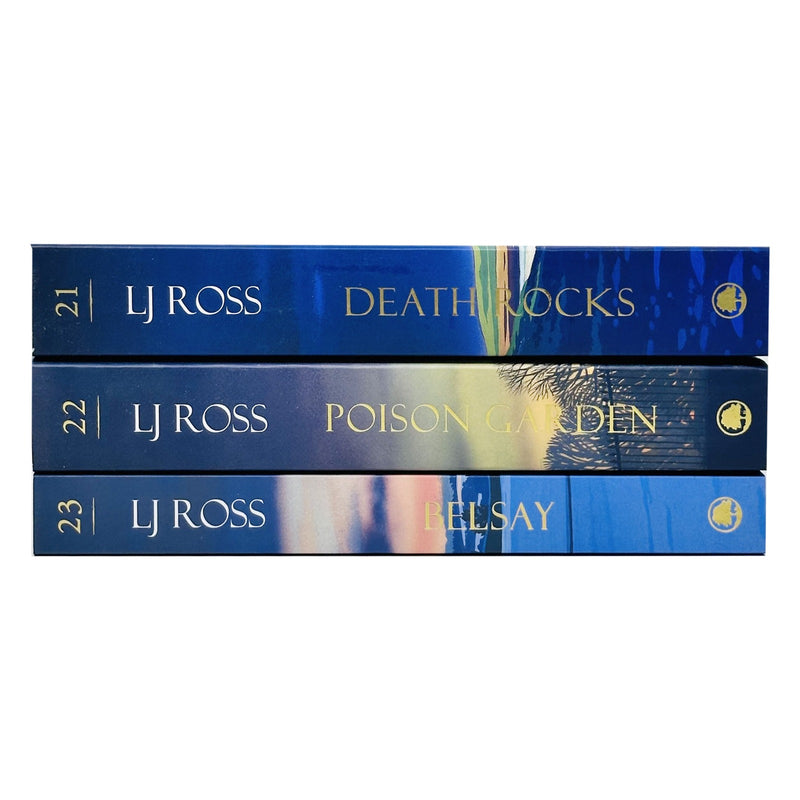 Three dark sky-themed mystery books by LJ Ross from the DCI Ryan Mysteries 21-23 collection, including Death Rocks, Poison Garden, and Belsay.