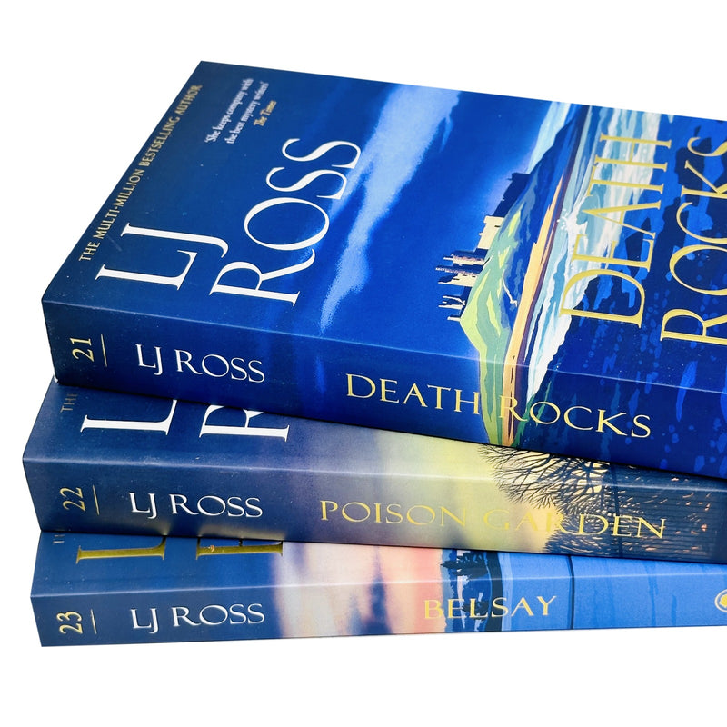 LJ Ross DCI Ryan Mysteries 21-23 collection includes three crime thriller books: Death Rocks, Poison Garden, and Belsay.