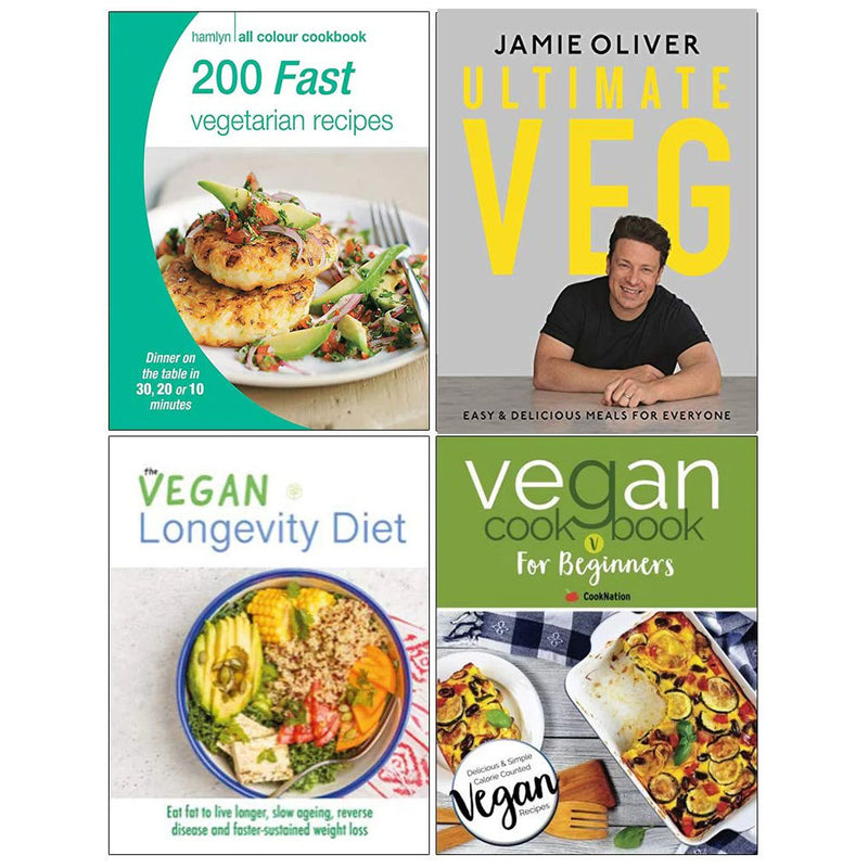 200 Fast Vegetarian Recipes, Ultimate Veg Jamie Oliver [Hardcover], The Vegan Longevity Diet, Vegan Cookbook For Beginners 4 Books Collection Set Paperback - The Book Bundle